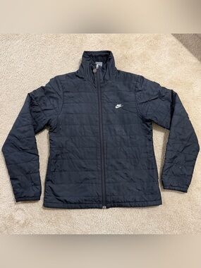 Nike Women's Black Quilted Puffer Jacket with White Swoosh Lightweight Medium